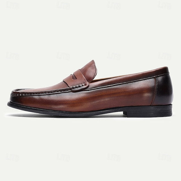 Leather Shoes Brown Loafers Slip-On Penny with Men's FashionChic