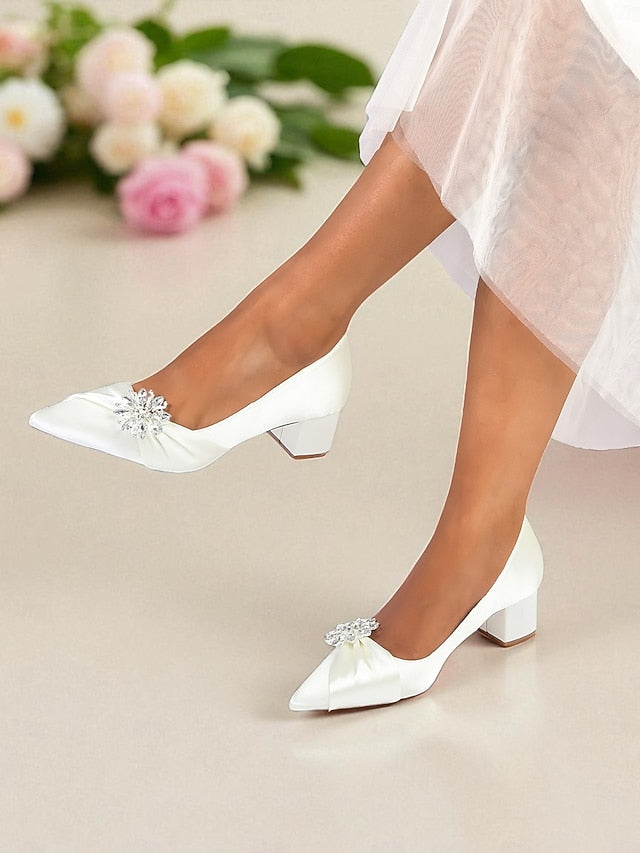 White Women's Pumps with Low Heel Block Crystal FashionChic