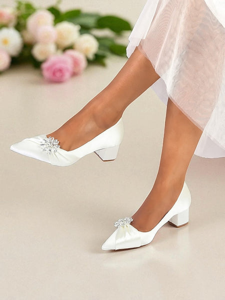 Block Heel Low Crystal Pumps Women's with White FashionChic