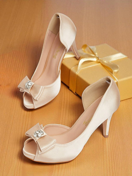 Peep Satin Heels Champagne with Toe and Women's Bow FashionChic