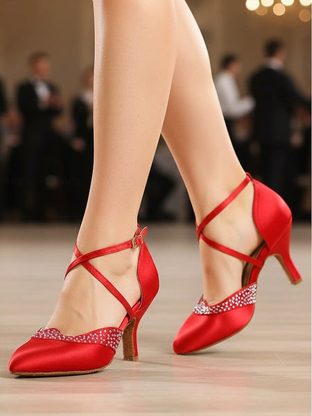 - Cross Shoes Dance Toe Ballroom Closed Red Satin Women's FashionChic