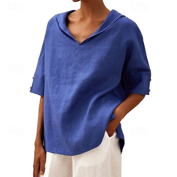 Women's Linen Blend Blouse Plain Modern Casual Short Sleeve FashionChic