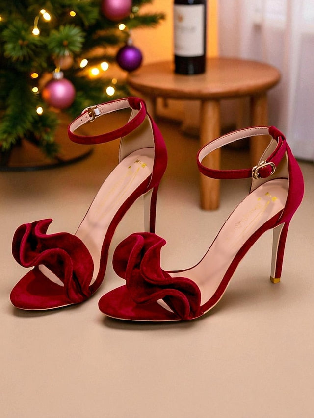 Elegant Women's Strap Velvet Sandals Heel Ankle Red High - FashionChic