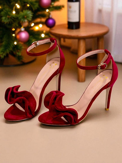 Strap Velvet - Sandals Elegant High Heel Ankle Red Women's FashionChic