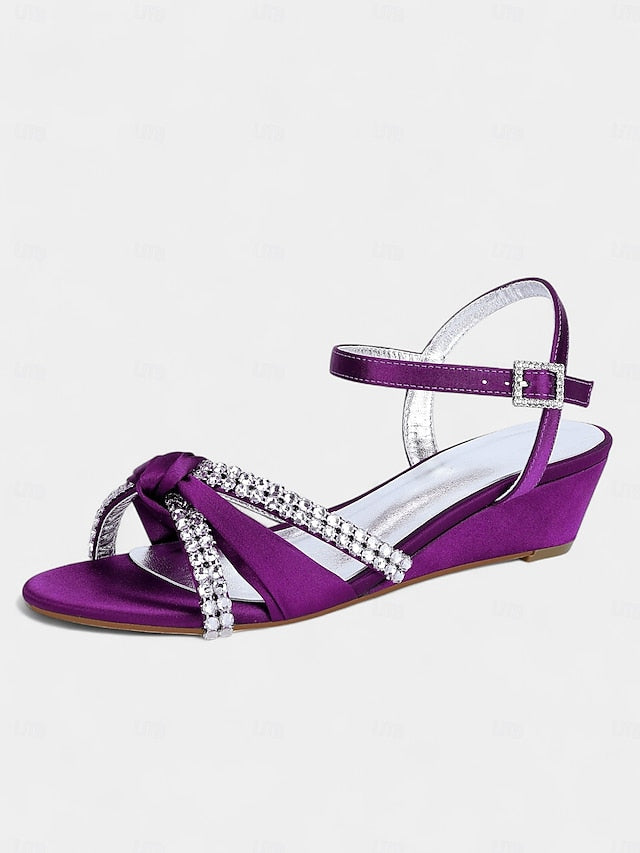 Knot Women's Rhinestone Wedge - Green Dress Satin Sandals FashionChic