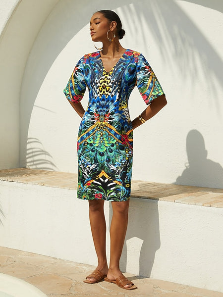 Vacation Feather Leopard Motif Straight Fit Satin Short Dress