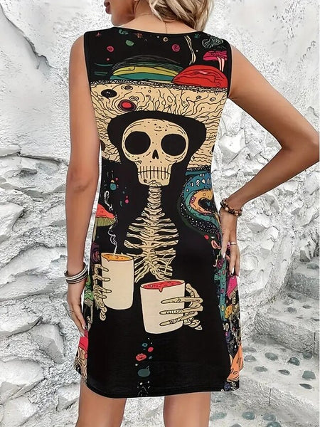 skeleton Women's Skulls Print Mini Dress A Line Dress