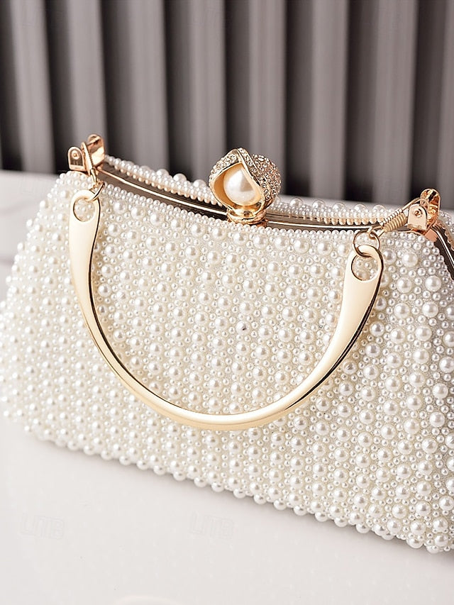 Pearl Handle Clutch Bag Beaded Gold with Evening Women's FashionChic