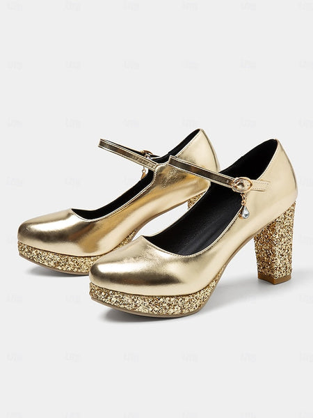 Heel Gold Sparkly Glitter Mary Block Pumps – Jane Women's FashionChic