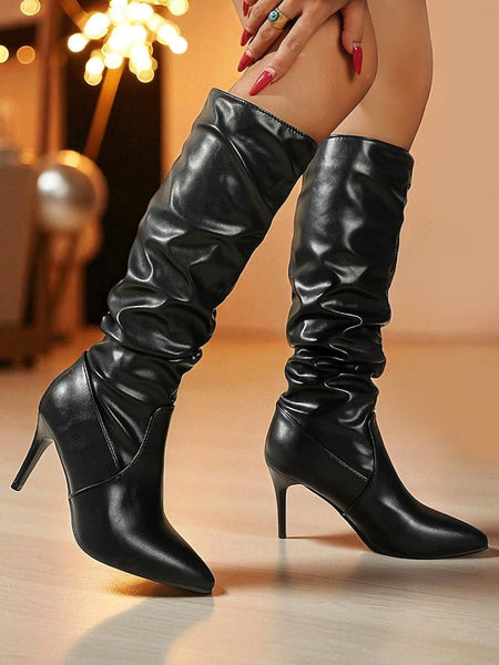 Knee Pointed Faux - Boots Leather High Women's Toe Brown FashionChic