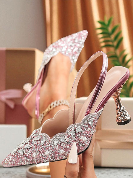 Heels Party Rhinestone Slingback Toe Pink Pointed - Women's FashionChic