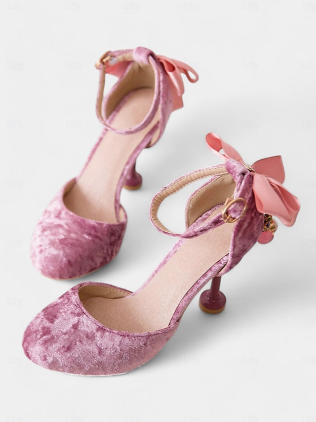 Bow Burgundy Big Velvet Mary and with Women's Heels Jane FashionChic