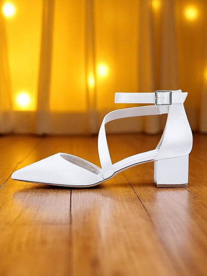 Women's Champagne Pointed Block Heels Satin Toe - FashionChic