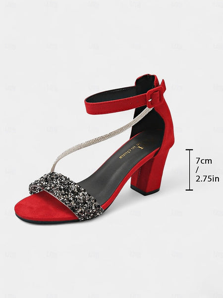 Ankle Sandals Block with Women's Strap Heel Rhinestone FashionChic