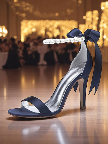 High – Ankle Satin Navy Pearl Heel Sandals Women's Strap FashionChic
