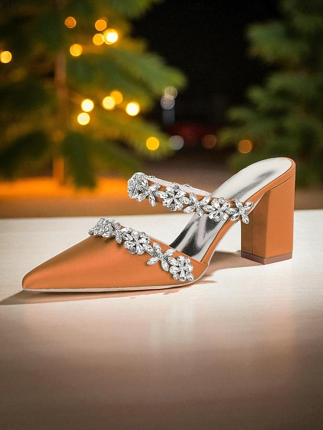 Floral Women's with Satin Block Heel Rhinestone Mules Black FashionChic