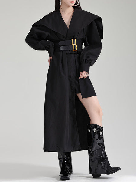 Pleated Black Asymmetric Lapel Waisted Long High Modern Belted FashionChic