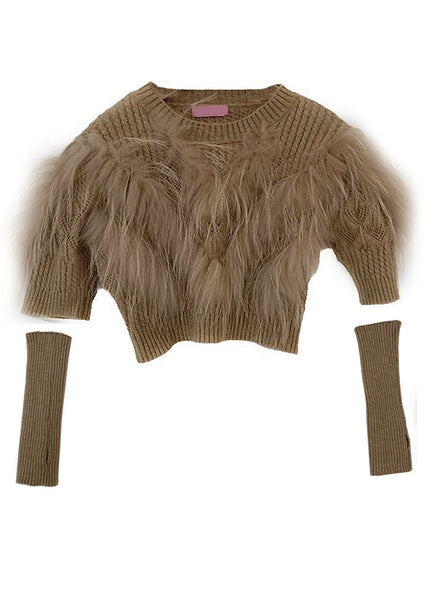 Art Khaki Leather And Fur Patchwork Knit Sweaters Winter QC014 shopify
