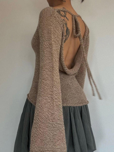 Vintage Brown Round-Neck Back Cross Hollow Lace-Up Long Bell Sleeve Sweater AN1039 Genistyle Shop