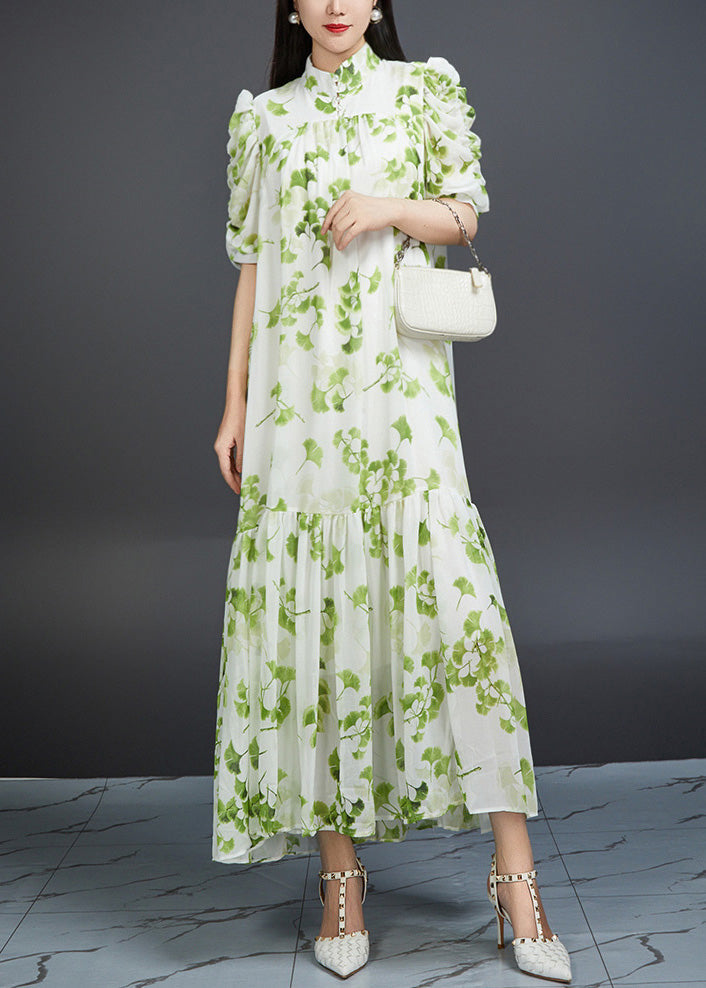 Bohemian Green Wrinkled Print Tie Waist Chiffon Dress Summer AJ1002 JDML-240909