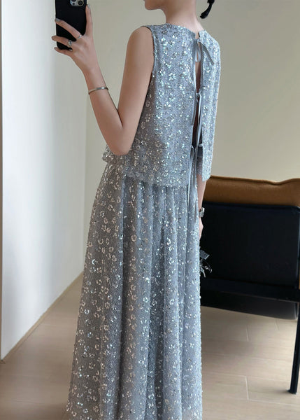New Grey Lace Up Sequins Tops And Skirts Two Pieces Set Sleeveless QP049 OL-TPIEC241001