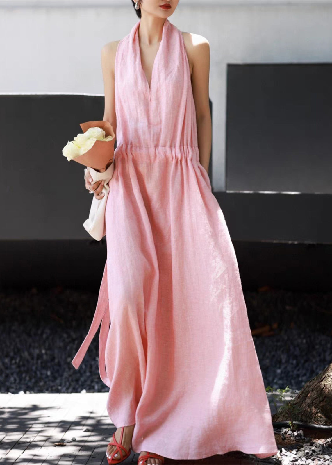 Waist Simple Tie Pockets Pink Sleeveless Dresses Linen Long FashionChic