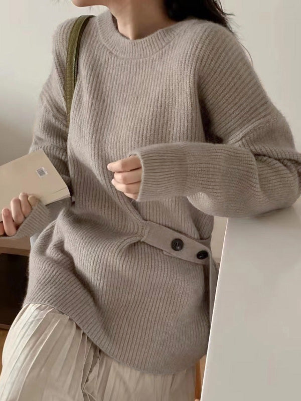 Chic Green Round-Neck Bandage Long Sleeve Knit Sweater AN1036 Genistyle Shop