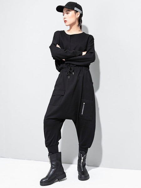 Simple Black Elasticity Waist Pockets Harem Pants WS012 shopify