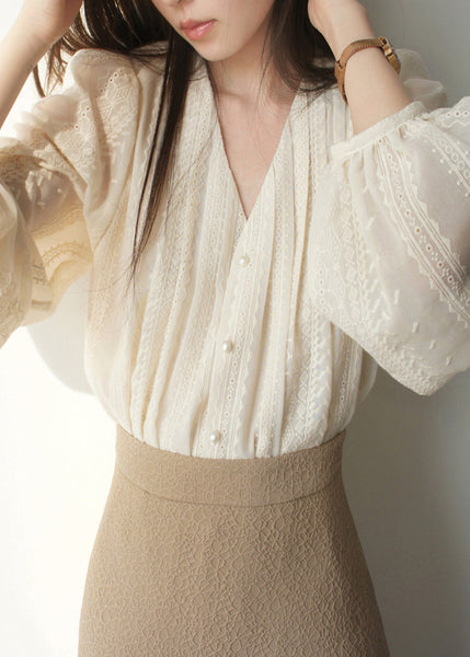 Lantern Art Embroidered Apricot Shirt Chiffon Sleeve FashionChic