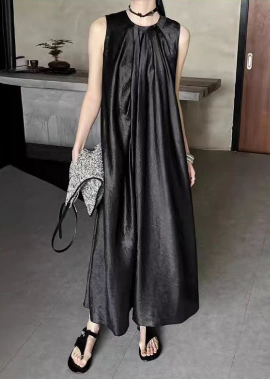 French Apricot O-Neck Solid Silk Long Dress Sleeveless EE036 shopify