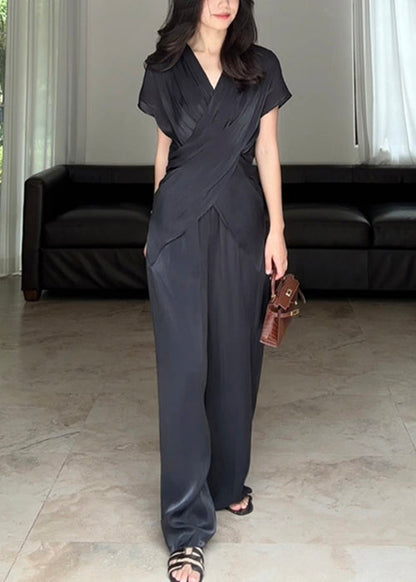 Loose Black Asymmetrical Wrinkled Silk Two Pieces Set Summer EE025 shopify