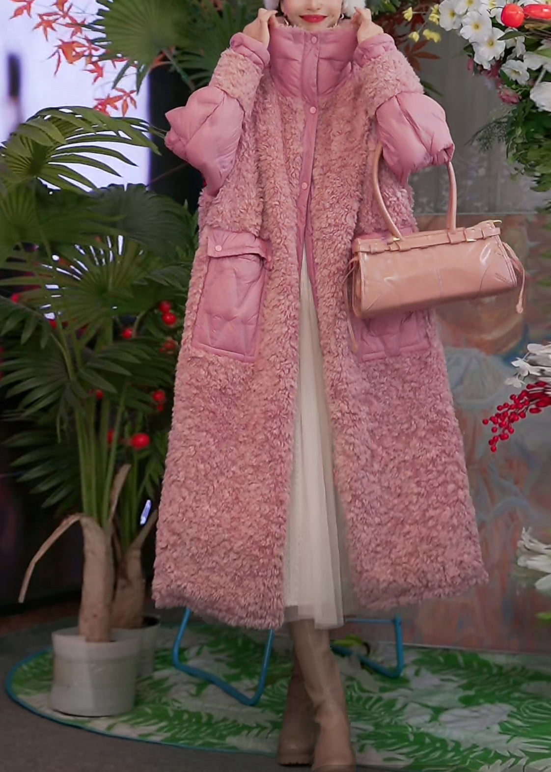 Cute Pink Pockets Teddy Patchwork Long Parka Winter WV007 ABC