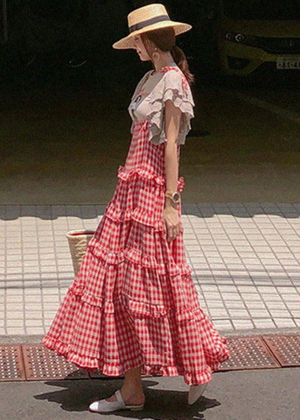 neck Plaid Sleeveless Button Stylish Dresses Layered Red Slash FashionChic