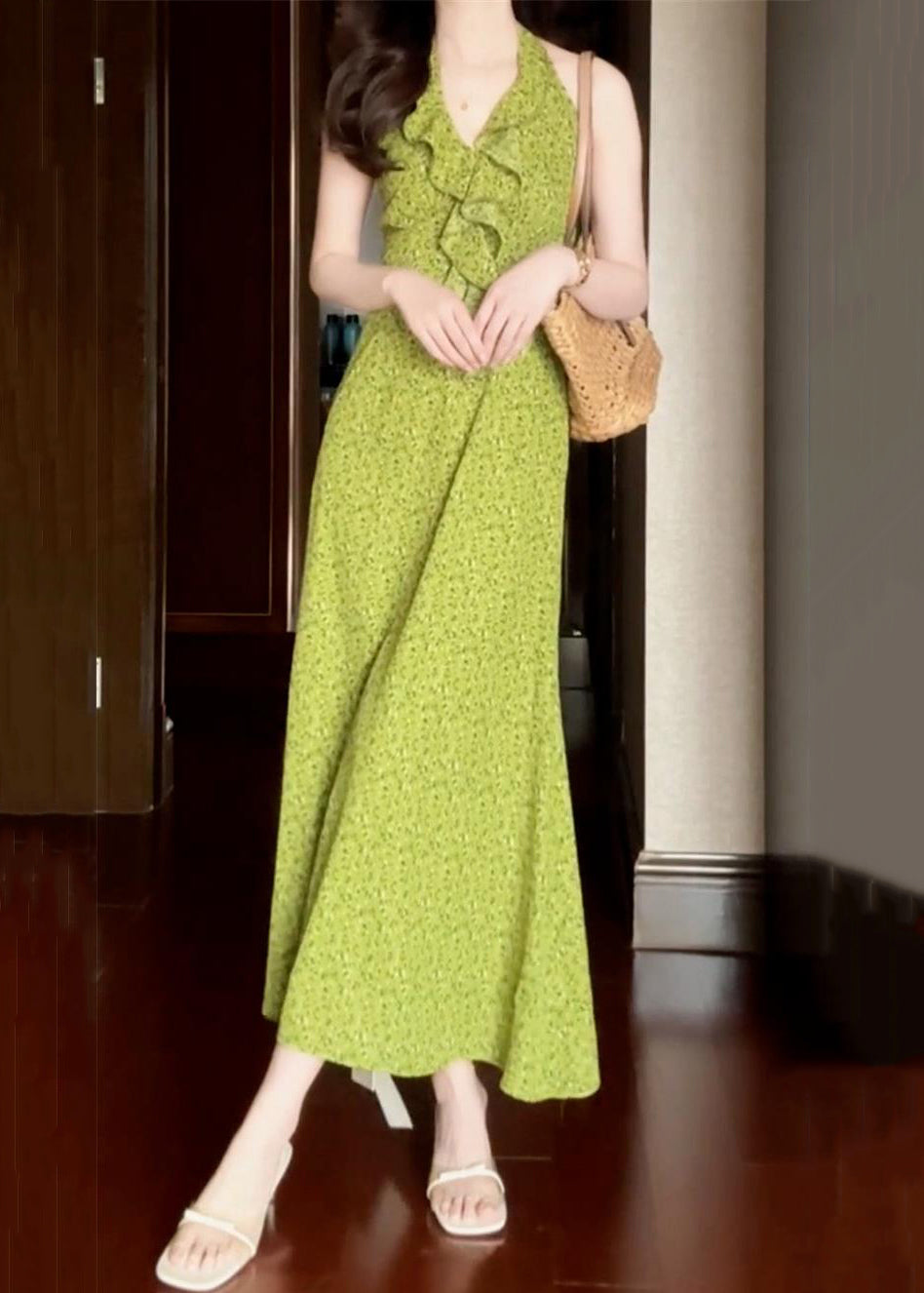 New Ruffled Print Dress Cotton Green Sleeveless Long FashionChic