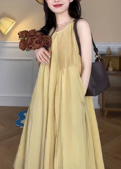 Elegant Yellow O Neck Pockets Cotton Long Dress Sleeveless TT1048 shopify