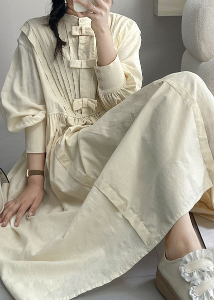 Elegant Beige Wrinkled Button Cotton Dresses Long Sleeve NN028 shopify
