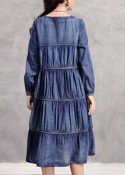 Casual Blue V Neck Wrinkled Patchwork Denim Long Dress Long Sleeve NN018 shopify