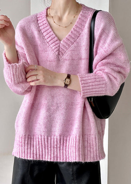 Loose Pink V Neck Hollow Out Cotton Knit Sweater Fall AF1091 HS-NTP240914