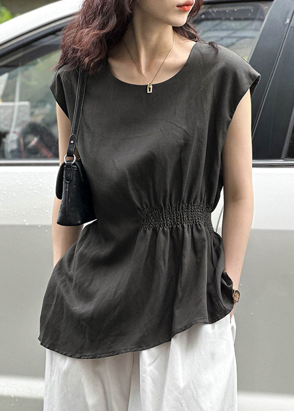 Dark Gray Side Open Cotton Top O Neck Sleeveless AF1026 HS-STP240914