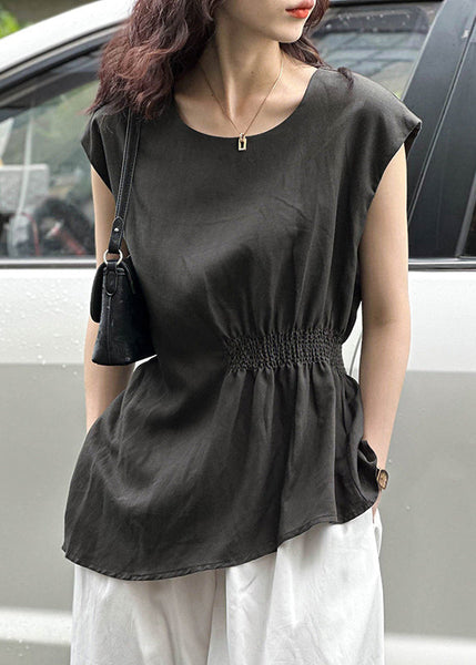 Dark Gray Side Open Cotton Top O Neck Sleeveless AF1026 HS-STP240914