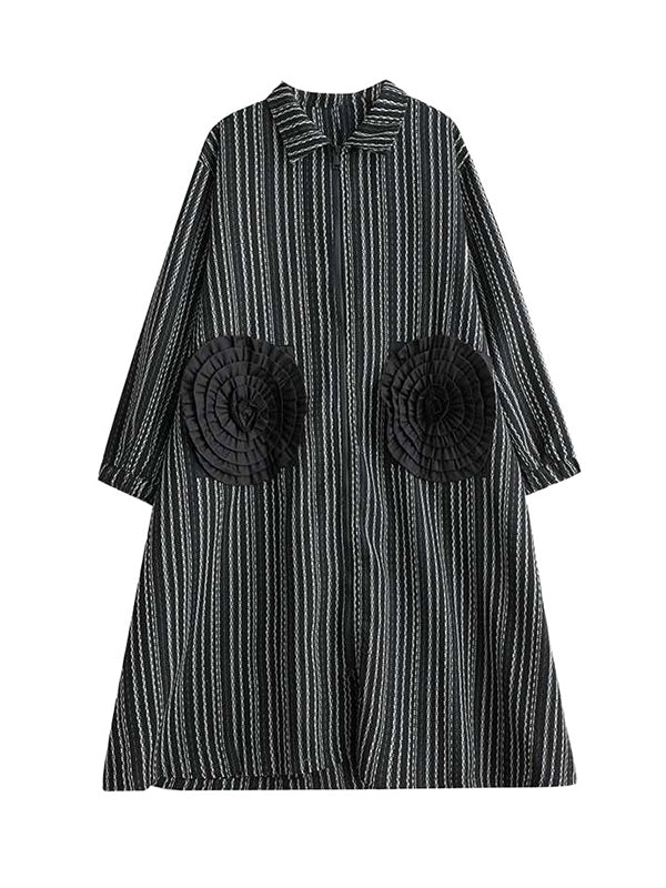 Design Black Lapel Flower Pockets Striped Long Sleeves Zip-up Dress WS010 shopify