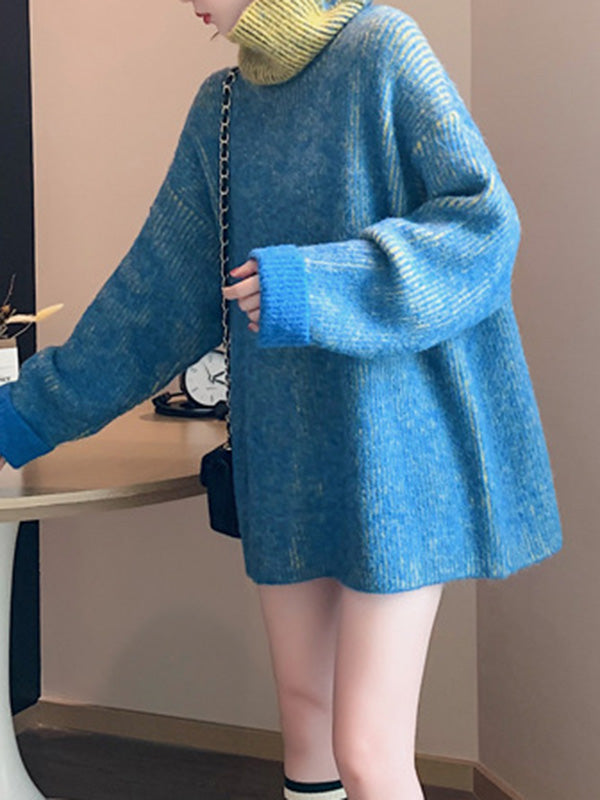 Design Loose Blue Contrast Color High-Neck Long Sleeve Sweater AN1054 Genistyle Shop