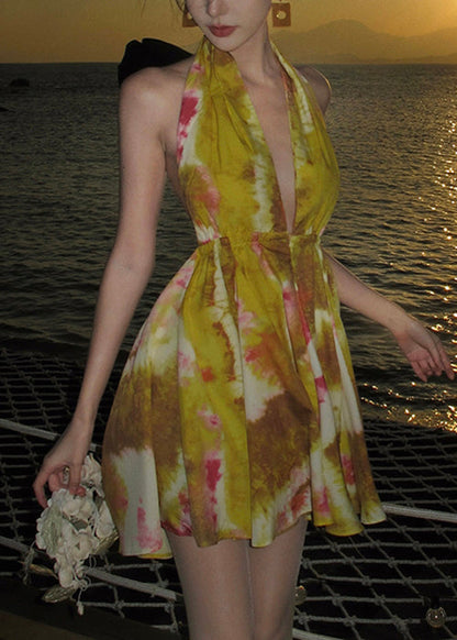 Dresses Up Chiffon Yellow Mini Print Stylish Lace Backless FashionChic