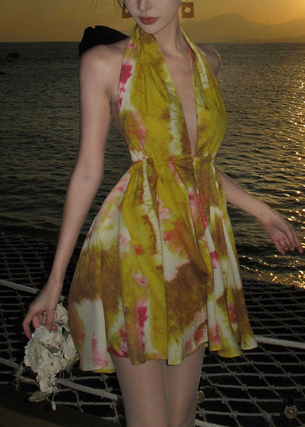 Dresses Up Chiffon Yellow Mini Print Stylish Lace Backless FashionChic