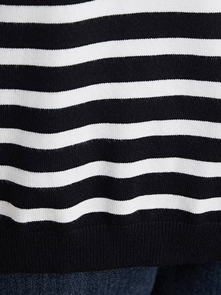 Casual Loose Black V-Neck Contrast Color Striped Long Sleeve Knit Sweater AN1035 Genistyle Shop