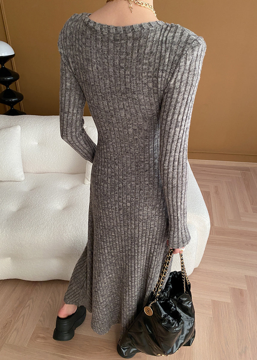 New Grey V Neck Button Cotton Knit Sweater Dress Long Sleeve AF1056 HS-NSD240914