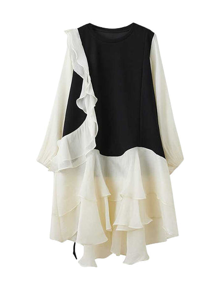 Chic Black Round-Neck Patchwork Contrast Color Ruffle Trim High-Low Long Sleeve Dress TW019 ABC