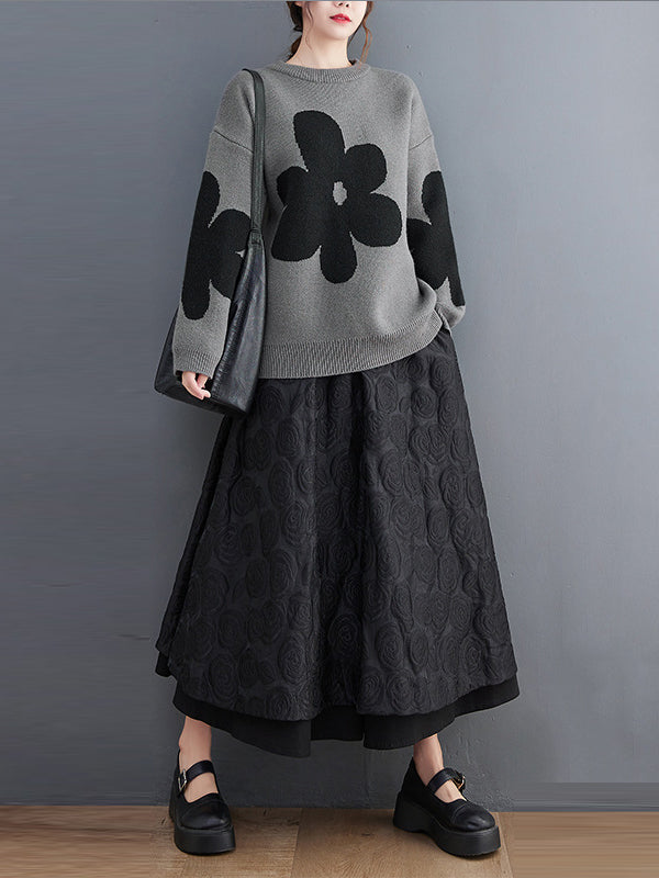 Cute Loose Black Round-Neck Contrast Color Flower Long Sleeve Sweater AN1070 Genistyle Shop