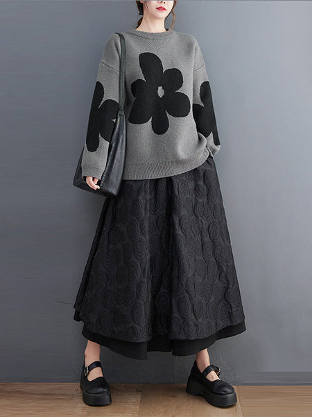 Cute Loose Black Round-Neck Contrast Color Flower Long Sleeve Sweater AN1070 Genistyle Shop