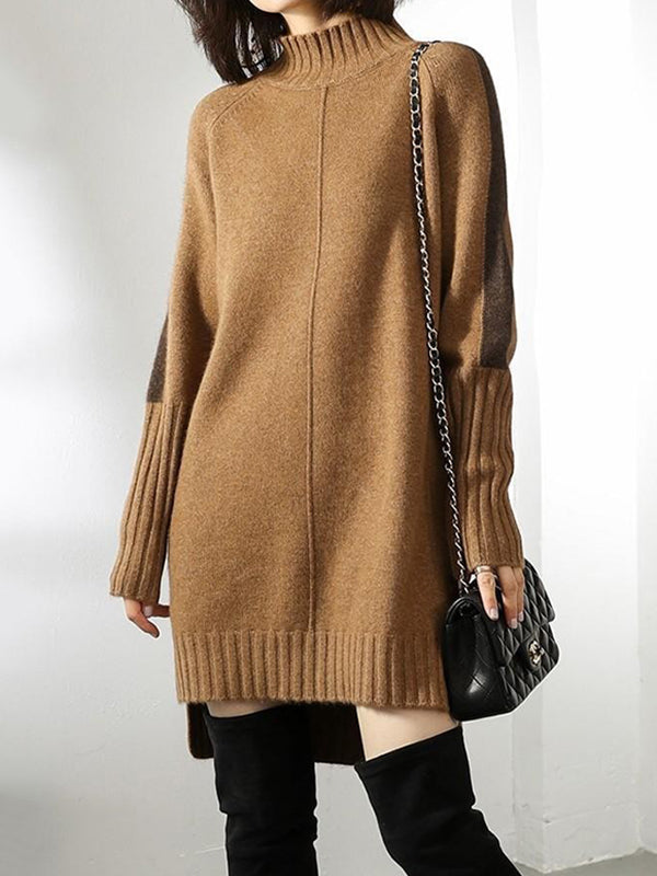 Urban Camel Half Turtleneck Contrast Color Long Sleeve Knit Sweater Dress AN1068 Genistyle Shop